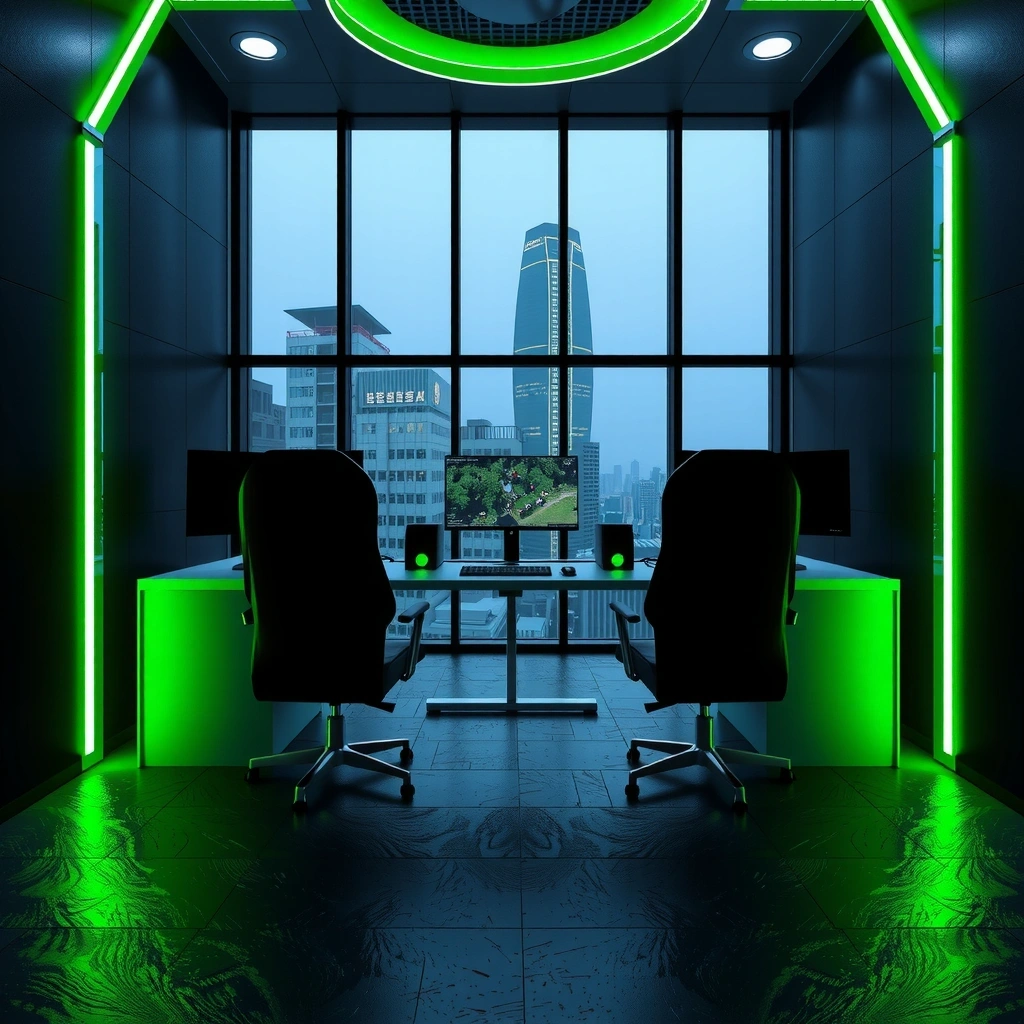 Abstract dark office with neon accents