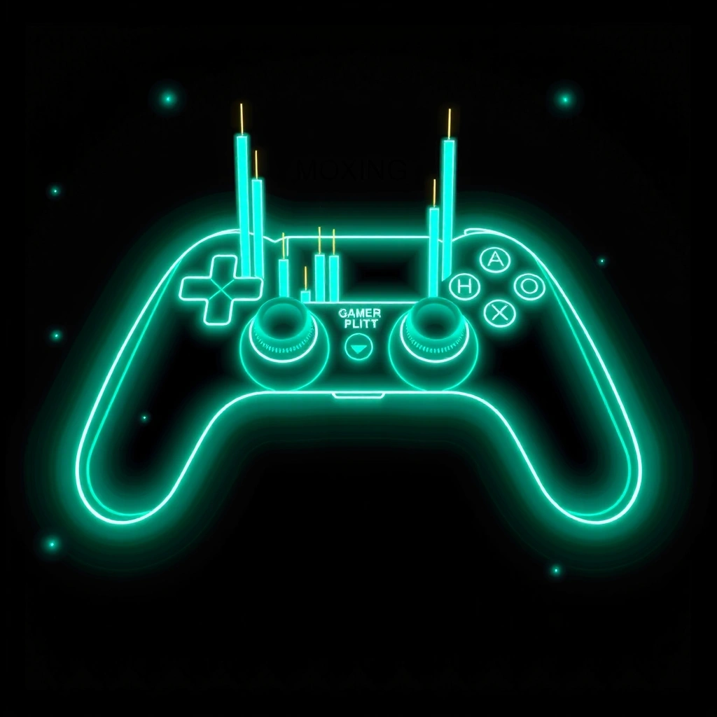 Abstract neon lines mixing a gamepad shape with a rising stock candle chart